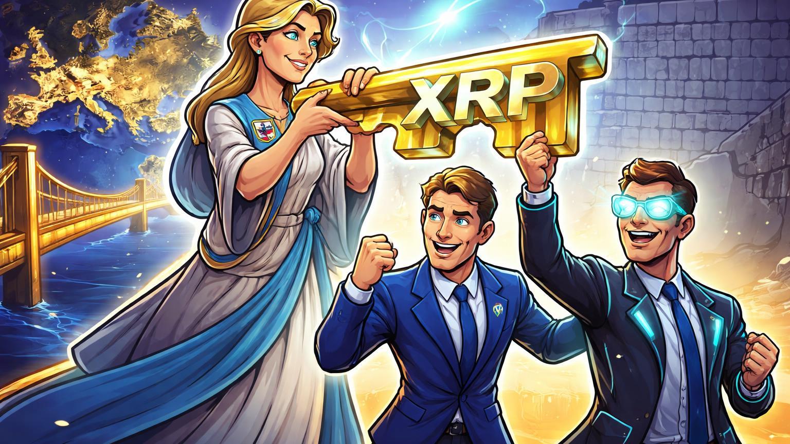 Executivos Ripple cartoon recebendo chave XRP dourada de regulador europeu, simbolizando licença EMI de Luxemburgo e expansão na UE