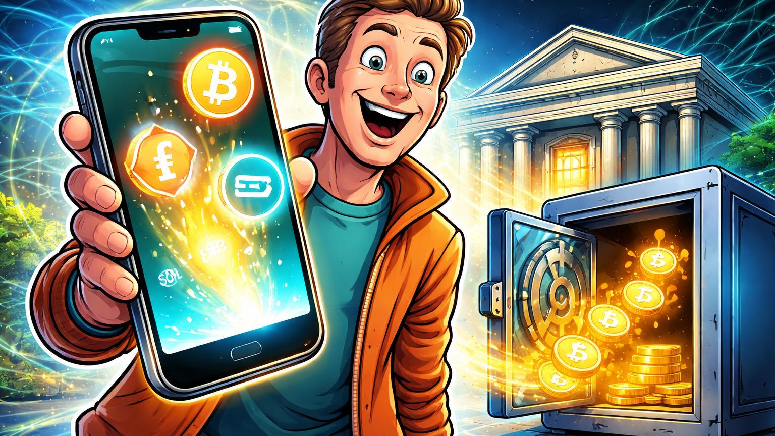 Cliente cartoon surpreso acessando ícones BTC, ETH e SOL via app bancário, com cofre digital recebendo fluxo, simbolizando adoção cripto pelo ING na Alemanha