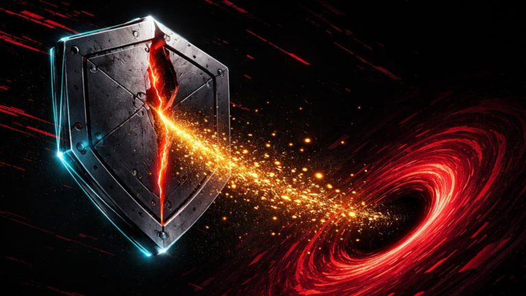 Escudo hexagonal metálico com brecha vermelha drenando partículas douradas para vórtice, simbolizando golpe phishing em hardware wallet Trezor