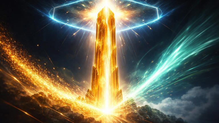 Pilar dourado ascendendo rompendo barreira translúcida, impulsionado por fluxos de energia ETFs e PMI, simbolizando recuperação do Bitcoin a US$78 mil