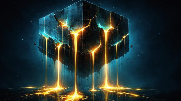 Fortaleza digital cyan vazando ouro líquido pelas rachaduras em ambiente cyberpunk, simbolizando saída de US$73 bi institucionais do mercado cripto