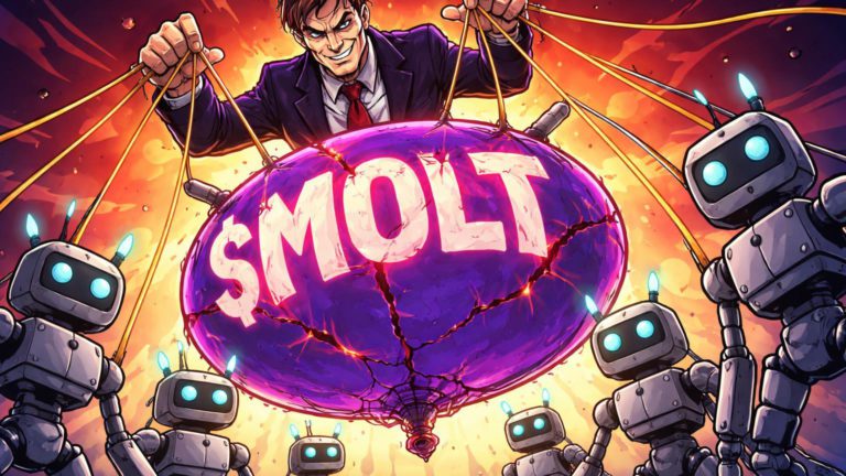 Trader cartoon manipulando marionetes IAs falsas para inflar balão $MOLT rachado, expondo esquema de fraude em memecoins