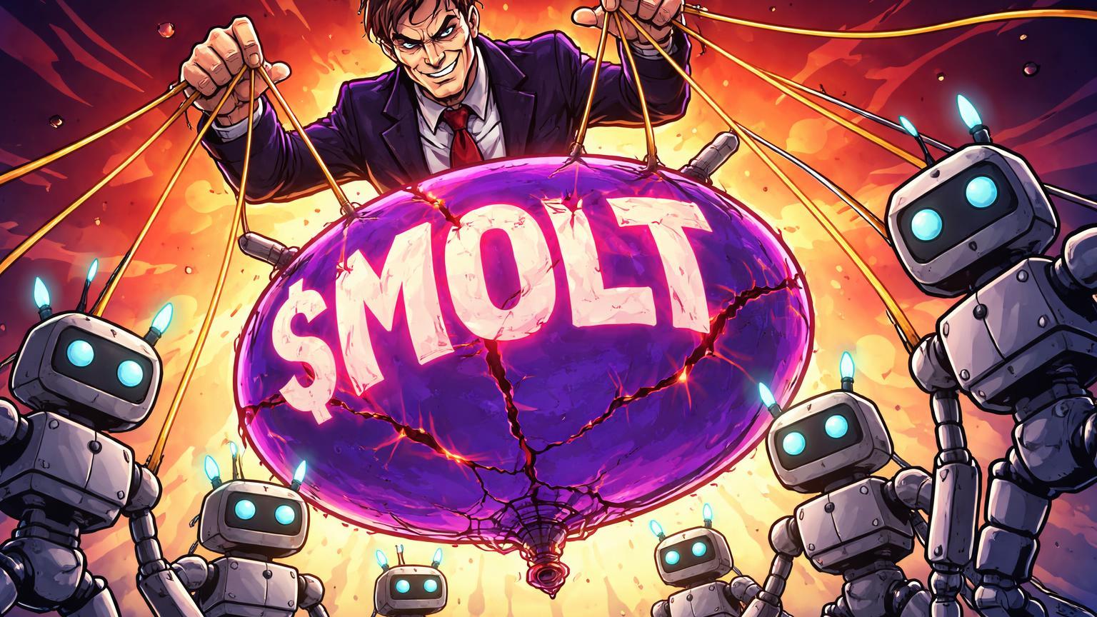 Trader cartoon manipulando marionetes IAs falsas para inflar balão $MOLT rachado, expondo esquema de fraude em memecoins