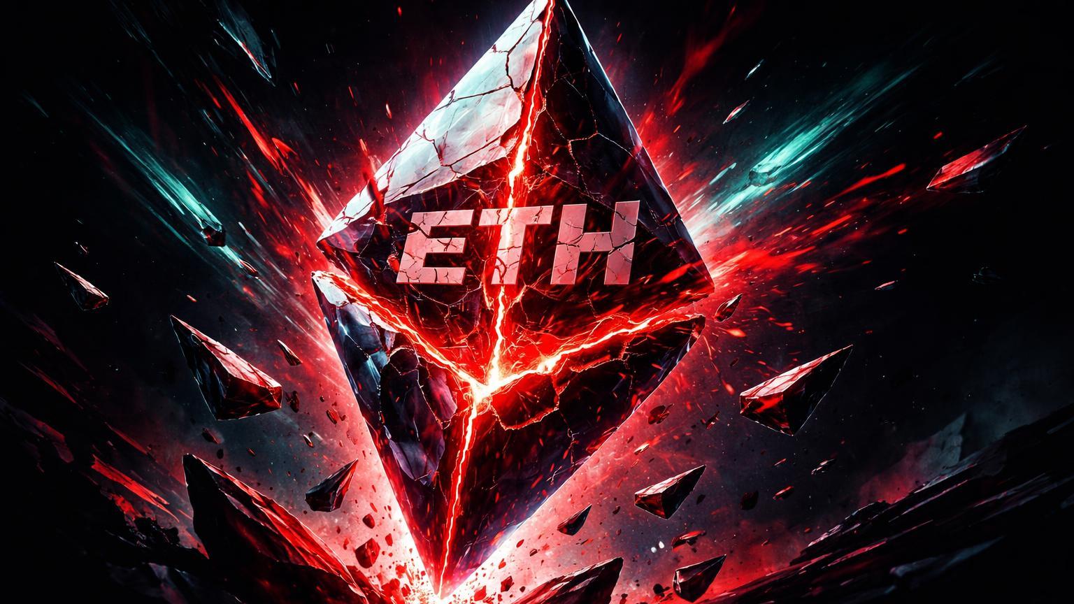 Prisma Ethereum cristalino rachando com luz vermelha e fragmentos caindo, simbolizando queda de 28% e liquidações em crash cripto