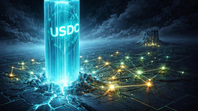 Pilar translucido USDC sustentando rede isométrica DeFi pulsante, resistindo a crash com TVL estável e volume superior a Visa