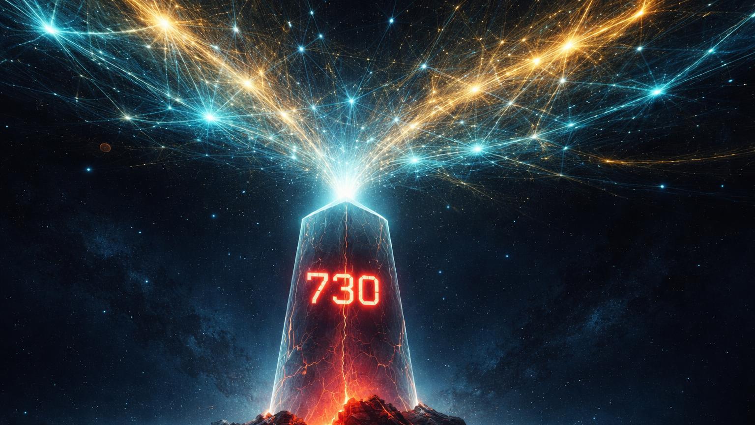 Rede cristalina expandindo com fluxos cyan e dourados ancorada em pilar frágil gravado 730, simbolizando recordes da BNB Chain contra suporte crítico