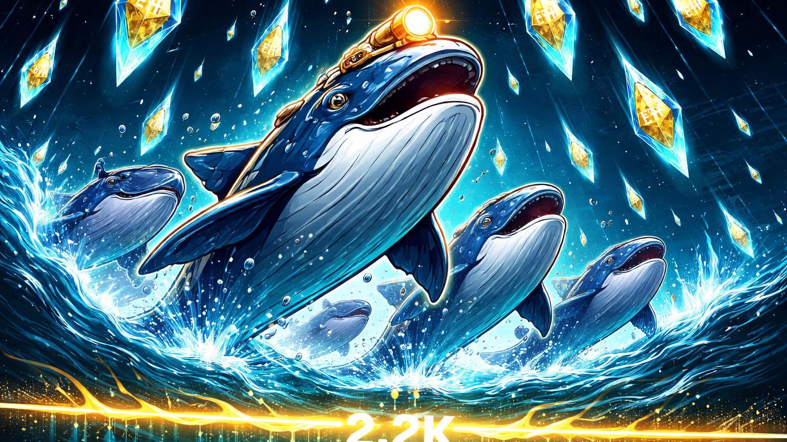 Baleias cartoon estilizadas absorvendo prismas ETH caindo em oceano digital turbulento, defendendo suporte de US$ 2.200 no Ethereum