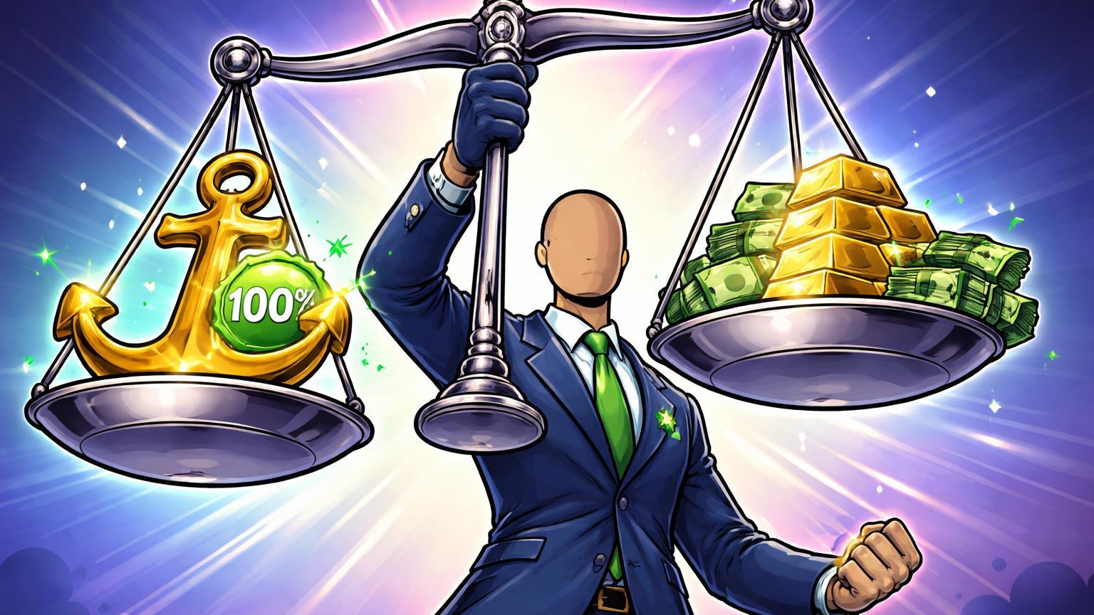 Regulador cartoon equilibrando âncora stablecoin com pilhas de reservas em balança, selo 100% simbolizando nova regulamentação de lastro no Brasil