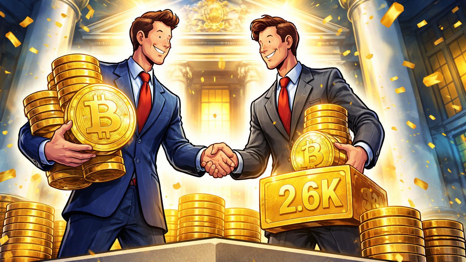 Executivos cartoon americano e britânico celebrando listagem LSE com pilhas BTC e 2.6K, simbolizando adoção corporativa inspirada em MicroStrategy