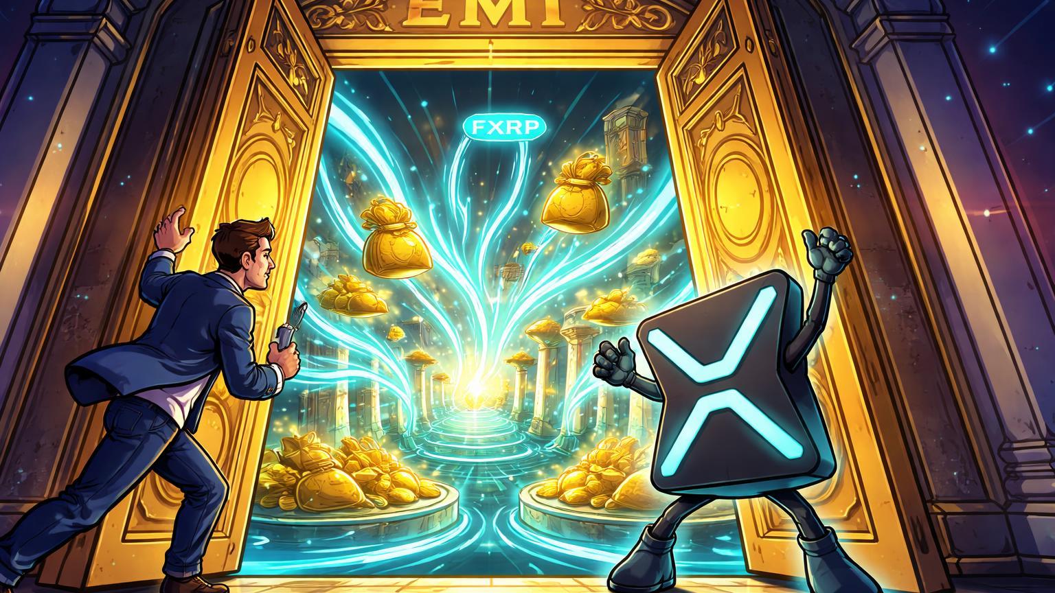 Investidor e personagem XRP cartoon abrindo porta regulatória europeia com yields DeFi FXRP fluindo da Flare, vitória para holders