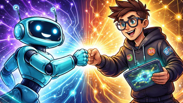 Personagens cartoon de robô AI e expert cripto em handshake energético, simbolizando convergência xAI com dados on-chain e DeFi