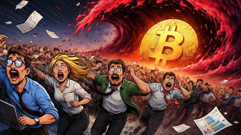 Multidão de traders cartoon em pânico fugindo de onda vermelha de FUD engolindo sol Bitcoin, simbolizando medo extremo no varejo cripto