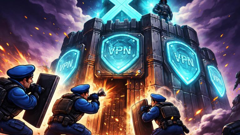 Policiais cartoon franceses invadindo fortaleza digital com escudos VPN rachados e símbolo X, ilustrando ofensiva contra privacidade e X na França