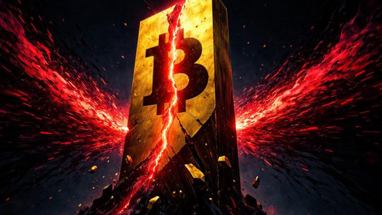 Monolito dourado do Bitcoin rachando com fissura vermelha sob impacto de partículas de liquidações, simbolizando crash para mínima anual