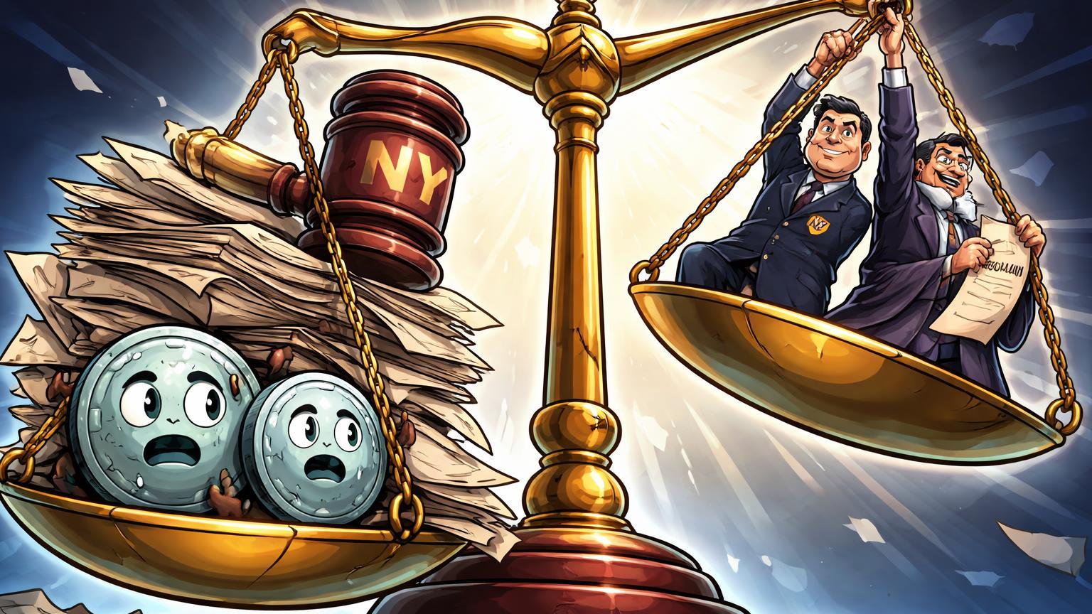 Balança desequilibrada com stablecoins cartoon esmagadas por documentos NY e reguladores puxando, simbolizando pressão sobre Tether e Circle