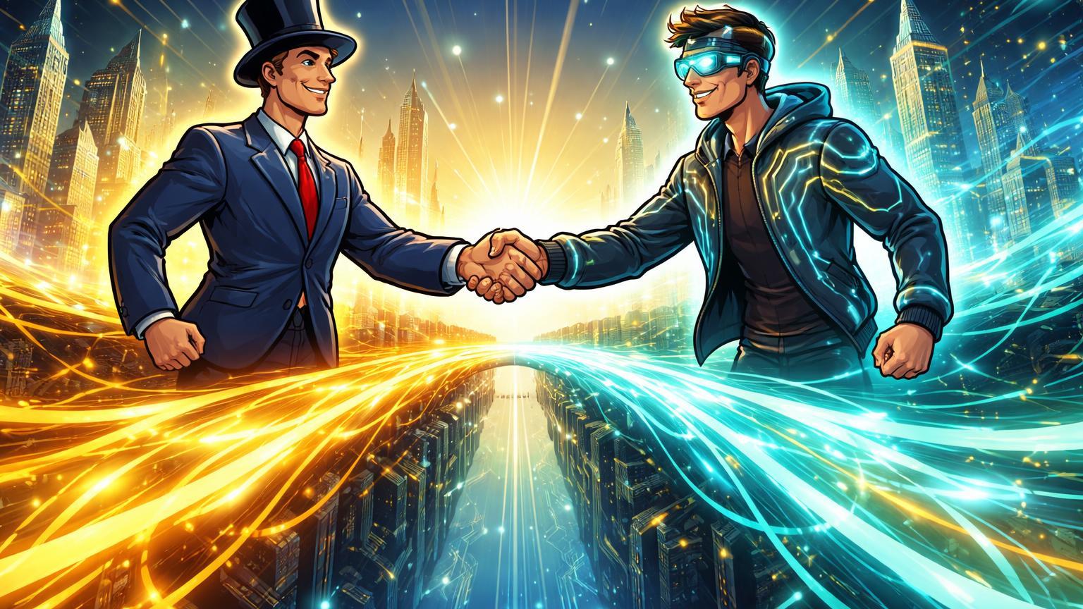 Executivos cartoon estilizados apertando mãos sobre ponte luminosa conectando finanças tradicionais e cripto, simbolizando parceria institucional europeia