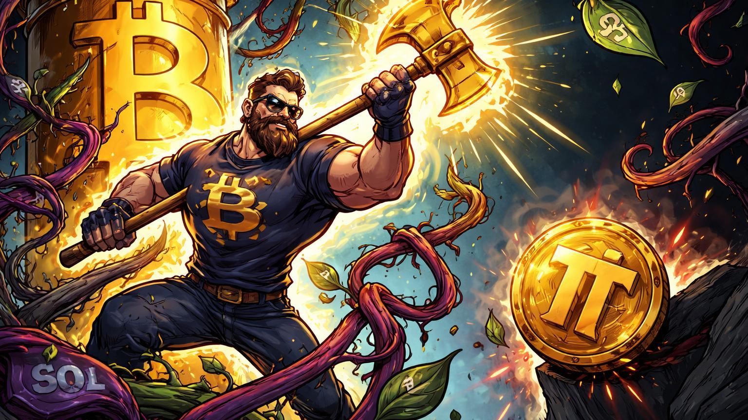 Personagem maximalista cartoon cortando vinhas parasitas altcoins de pilar Bitcoin, com moeda Pi despencando, criticando Rochard sobre mercado cripto