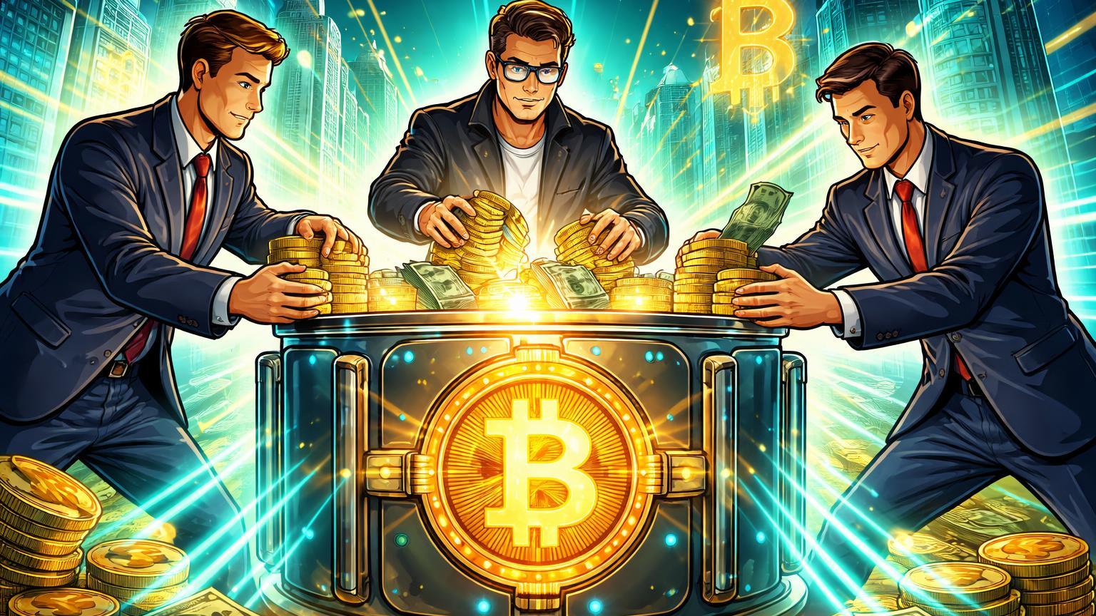 Executivos cartoon ao redor de cofre BTC pulsante como core business, com influxos de capital, simbolizando adoção institucional acelerada