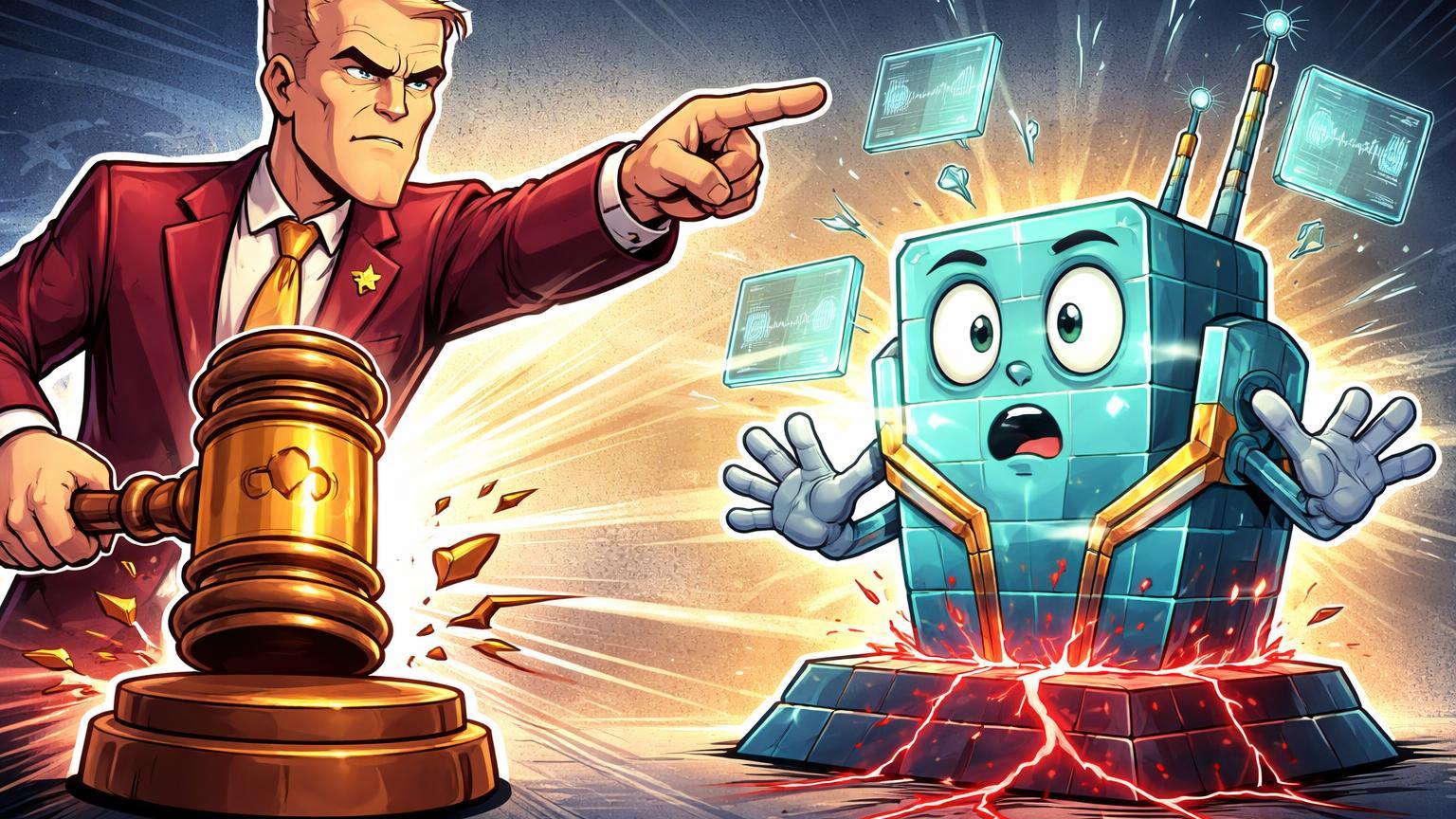 Figura cartoon de regulador estadual processando plataforma de exchange com martelo judicial, simbolizando ação de Nevada contra Coinbase por prediction markets sem licença