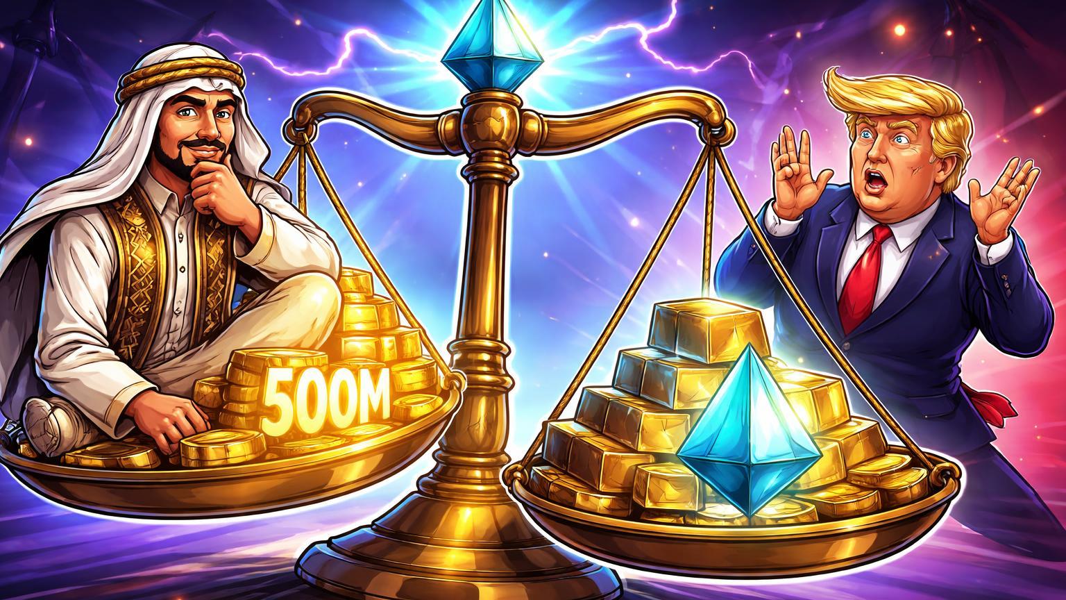 Personagens cartoon de Trump surpreso e investidor árabe confiante em balança desequilibrada sobre prísma WLFI, simbolizando conflito de interesses em investimento de US$ 500M