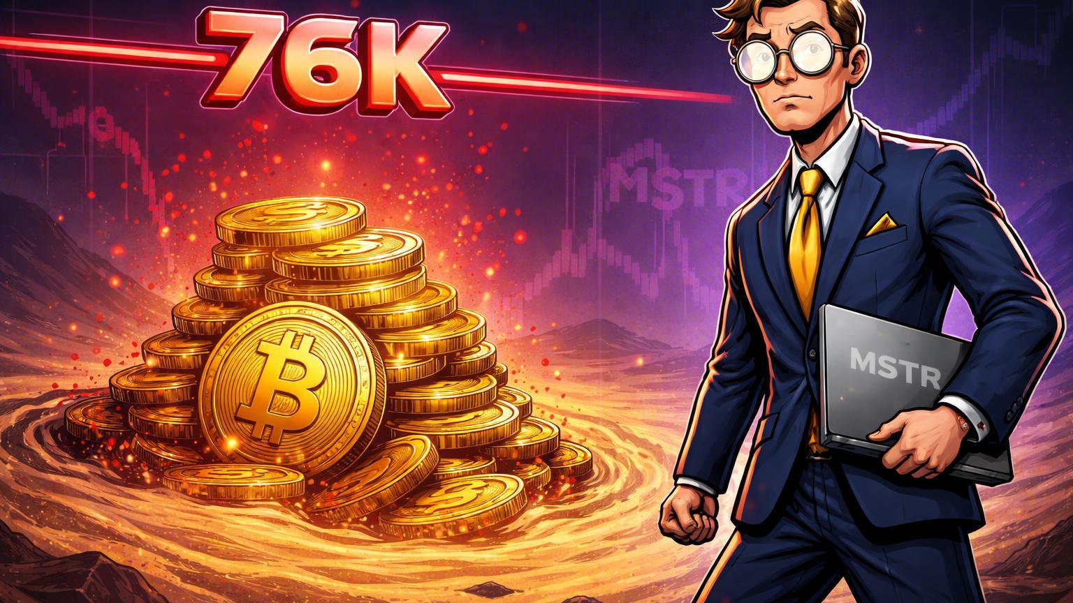 Executivo cartoon diante de pilha de Bitcoin afundando abaixo linha vermelha 76K, simbolizando perda não realizada da MicroStrategy