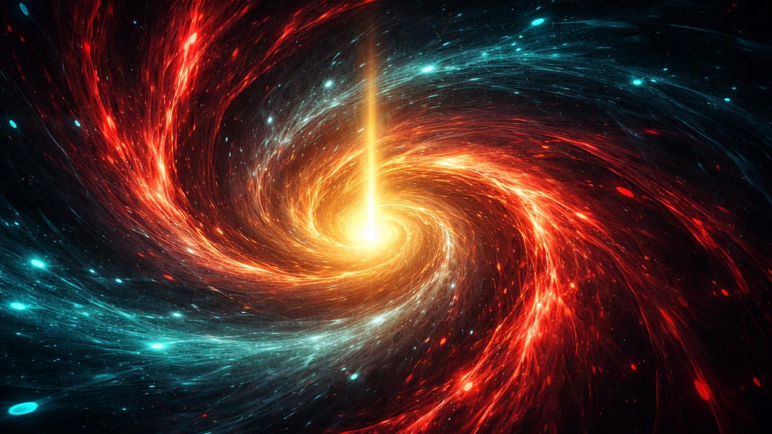 Vórtice turbulento de plasma vermelho sugando partículas cyan com núcleo dourado emergente, simbolizando volatilidade extrema e capitulação no Bitcoin