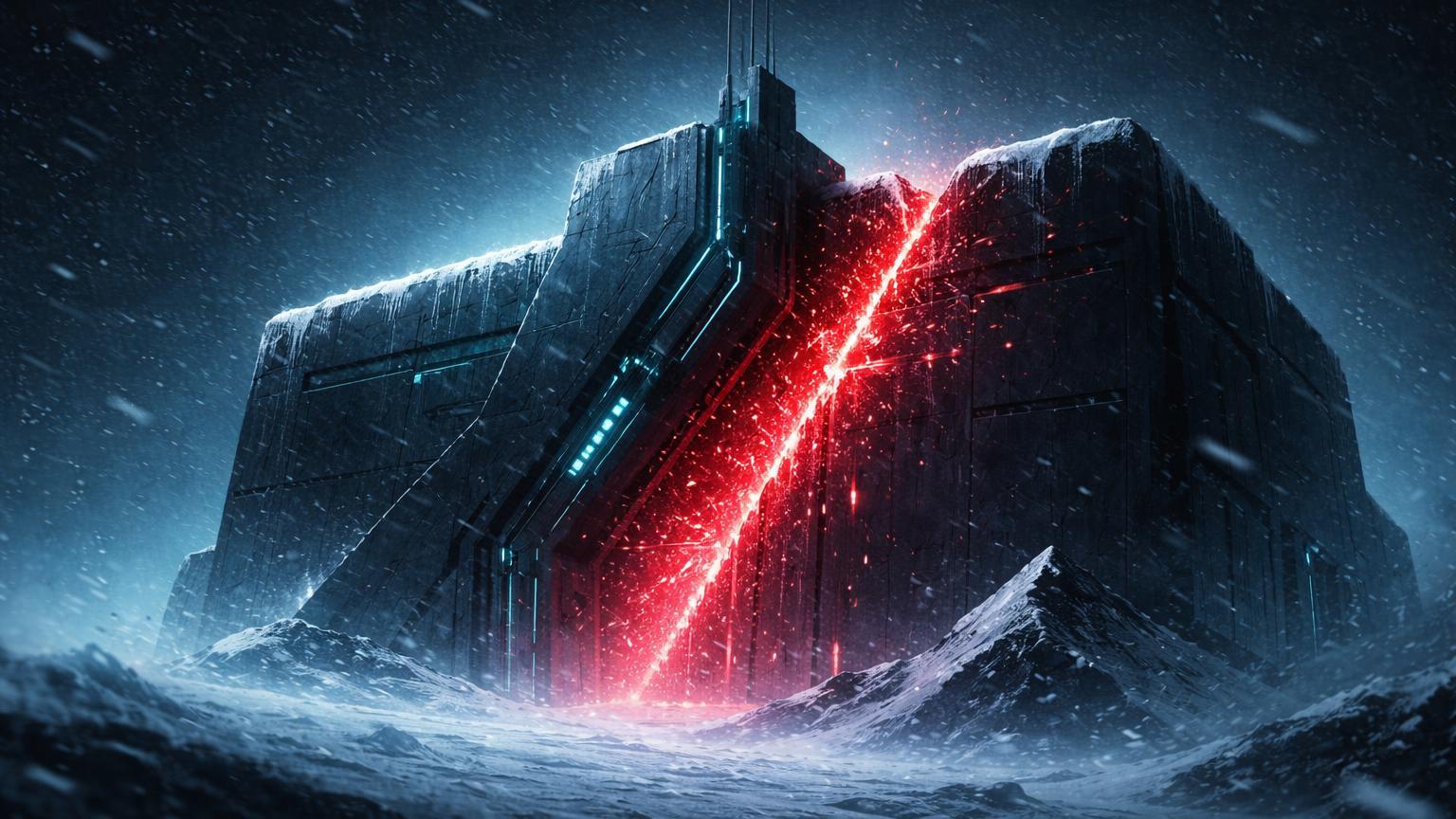 Fortaleza cyberpunk sob nevasca digital com brecha vermelha vazando dados, representando vazamento na Binance e inverno cripto