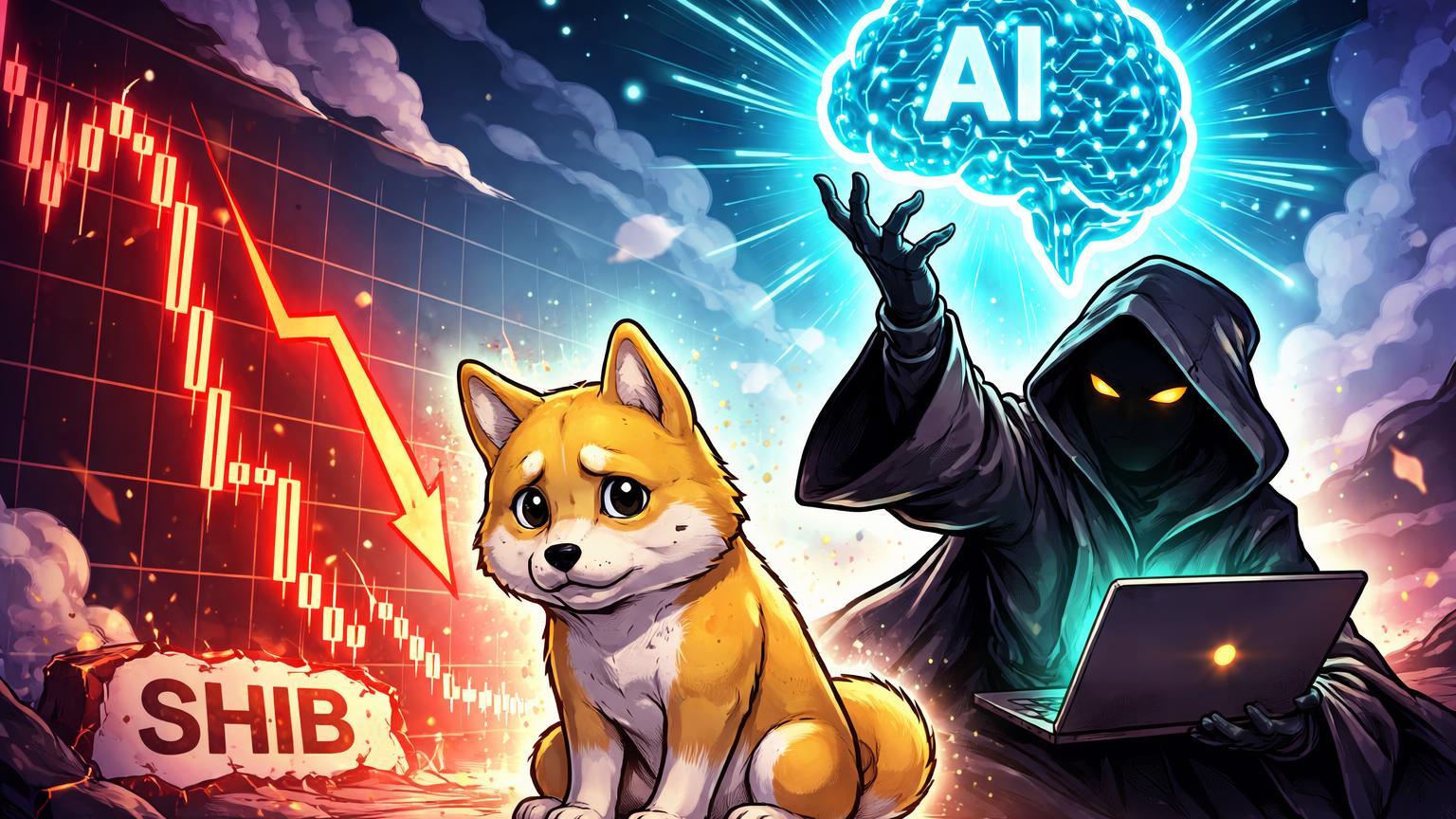 Shiba Inu cartoon abatido diante de gráfico em mínima de 3 anos, com Shytoshi apresentando cérebro IA luminoso em tom sarcástico de memecoin