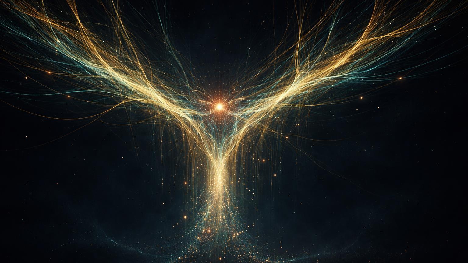 Rede energetica dourada e cyan se contraindo em nucleo tenso, liberando particulas para baixo, simbolizando queda de US$55bi em juros abertos do Bitcoin