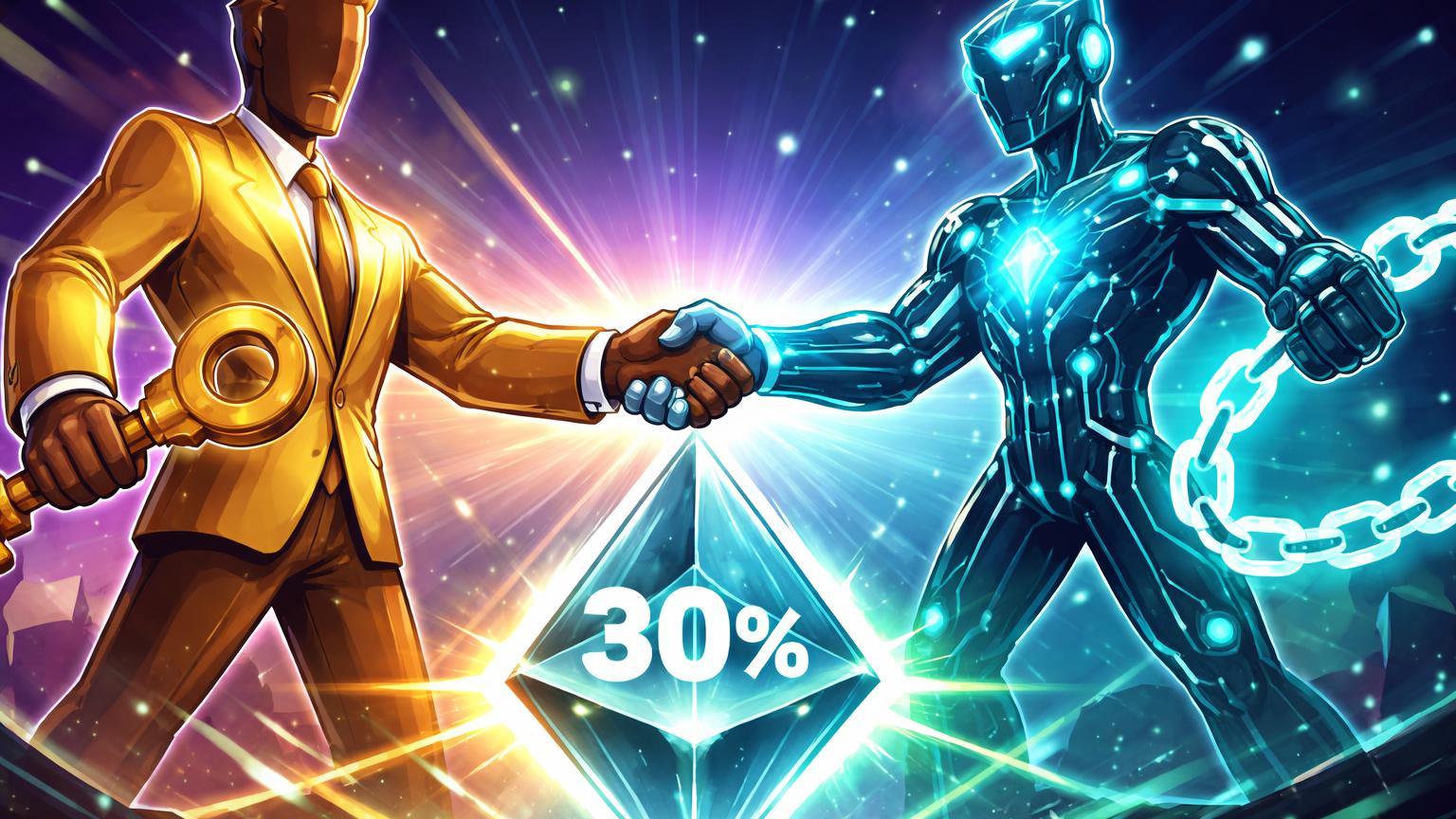 Executivo Bitwise e tech Chorus One cartoon unindo mãos sobre núcleo Ethereum com 30% glow, simbolizando aquisição e boom de staking institucional
