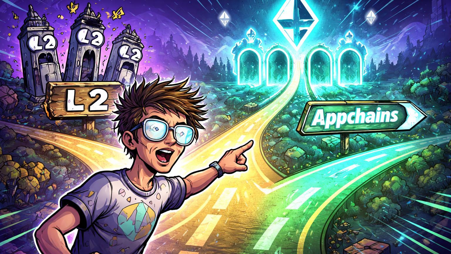 Vitalik cartoon apontando novo caminho appchain em encruzilhada Ethereum, com torres L2 reagindo surpresas ao debate de scaling