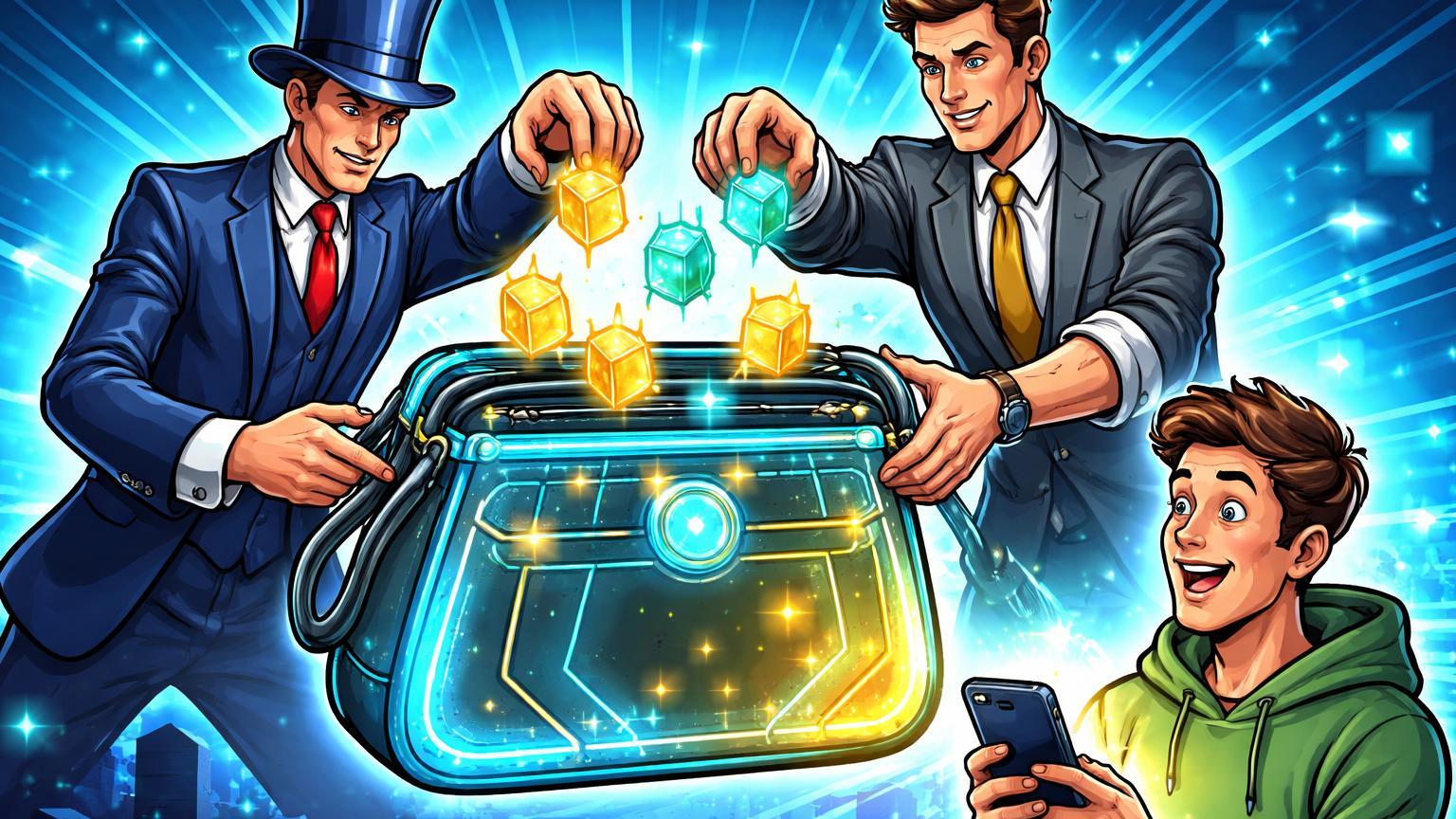 Executivos cartoon de Wall Street inserindo ativos tokenizados em wallet digital entregue a investidor comum, simbolizando avanço da Franklin Templeton e CME em tokenização