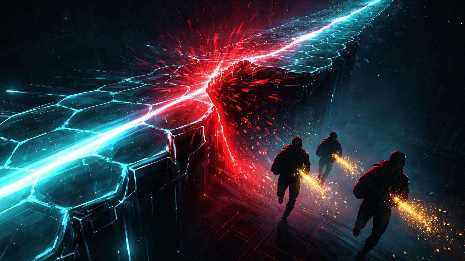 Ponte digital rachada vazando energia vermelha com silhuetas sombrias fugindo, simbolizando exploit e roubo em bridge DeFi