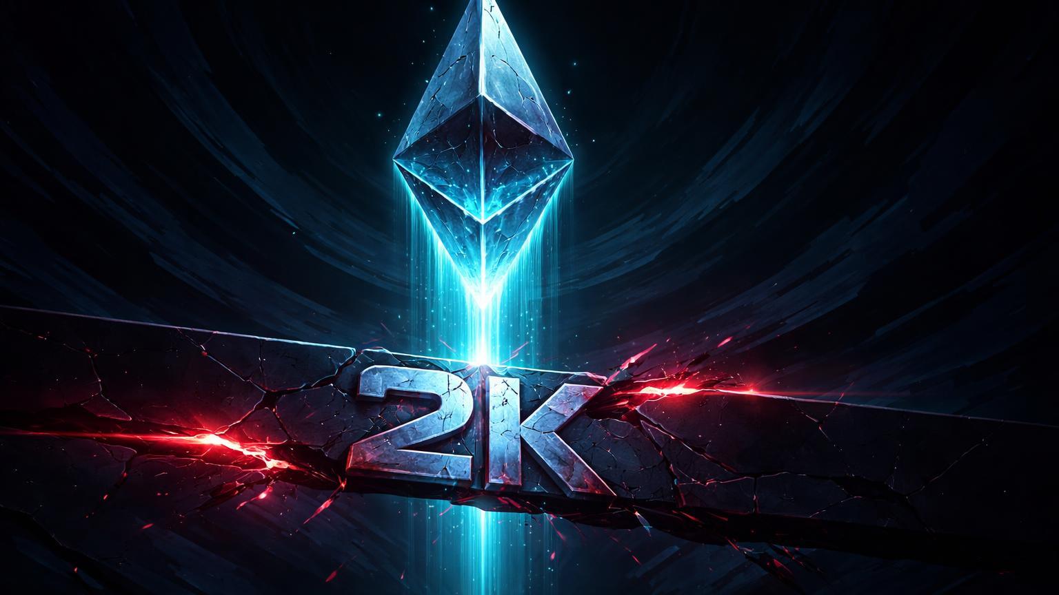 Prisma cristalino Ethereum caindo por barreira 2K rachada em vórtice digital vermelho, alertando teste de suporte em US$ 2.000
