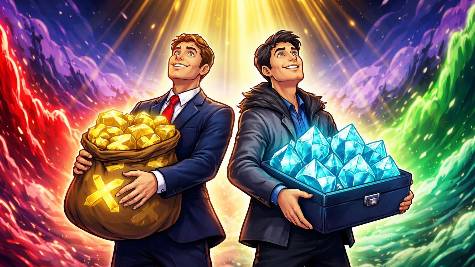 Executivos cartoon coletando cristais XRP e ETH em vale volátil com influxos dourados, simbolizando compras institucionais recordes em ETFs