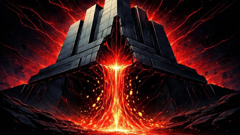 Fortaleza institucional com brecha expelindo fluxo vermelho viscoso sugando capital dourado, ilustrando outflows de US$ 2,9 bi em ETFs BTC