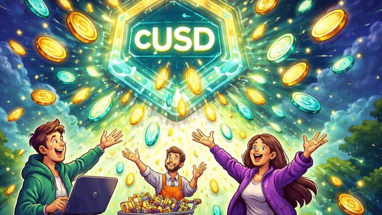 Personagens cartoon estilizados capturando stablecoins caindo de portal DeFi com cUSD, celebrando distribuição de R$ 63 milhões pelo Cap Protocol
