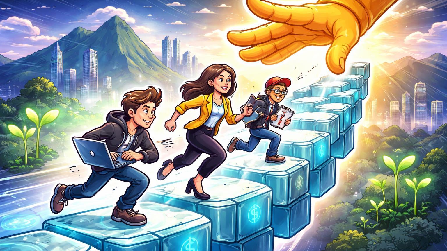 Empreendedores cartoon correndo rampa de stablecoins com empurrão dourado, simbolizando programa de aceleração da Bitso para startups brasileiras