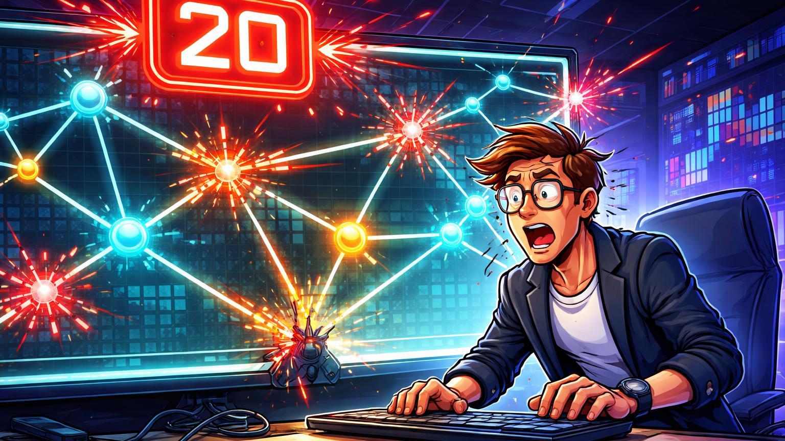 Trader cartoon surpreso vendo pares de trading se desfazerem em tela de exchange com alerta '20', sinalizando delisting na Binance