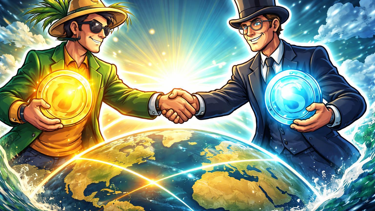 Personagens cartoon tech brasileiro e bancário europeu apertando mãos sobre globo com stablecoins, simbolizando expansão de RLUSD e stablecoin euro