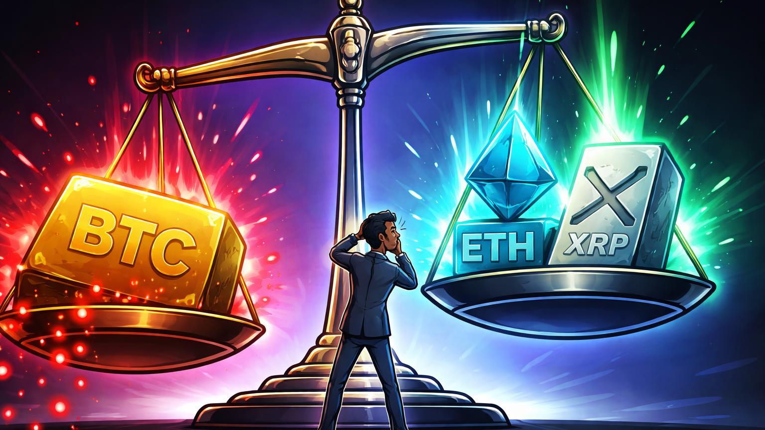 Balança digital com bloco BTC afundando e saídas vermelhas contrastando influxos luminosos em prismas ETH e XRP, divergência em fluxos de ETFs