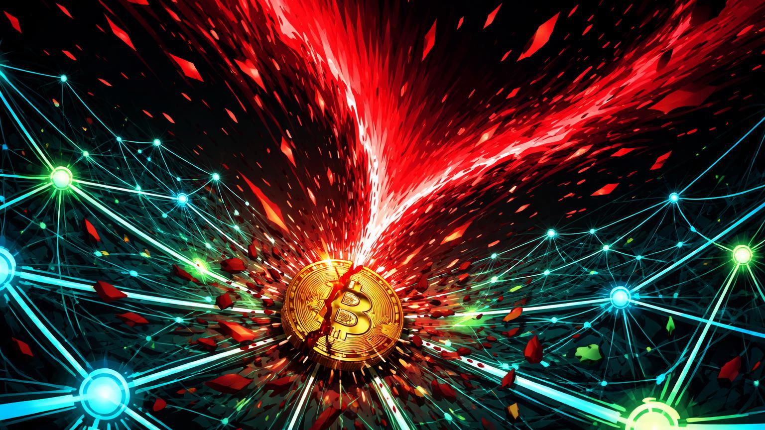 Onda vermelha colossal quebrando rede geométrica cyan de posições alavancadas, simbolizando US$ 840 mi em liquidações após queda do Bitcoin