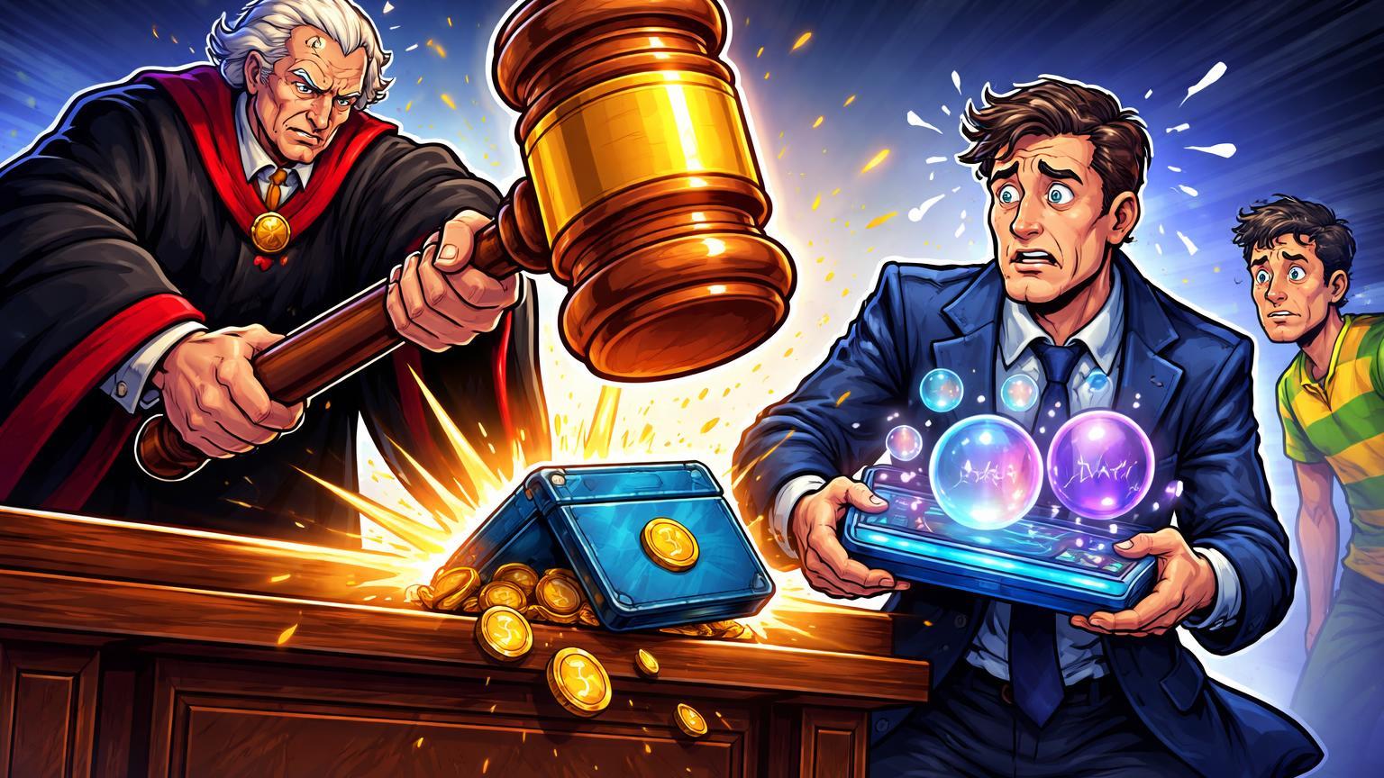 Juiz cartoon regulatório de Nevada confrontando executivo da Coinbase com carteira presa em martelo, alertando riscos judiciais para usuários