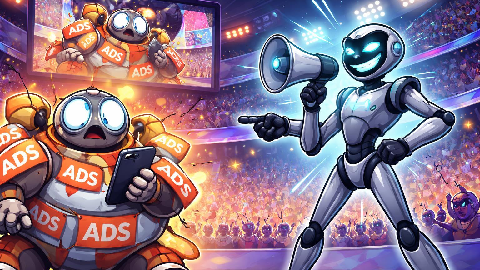 Personagens cartoon de robôs IA rivalizando em estádio Super Bowl, um trollando ads do outro em briga entre Anthropic e OpenAI