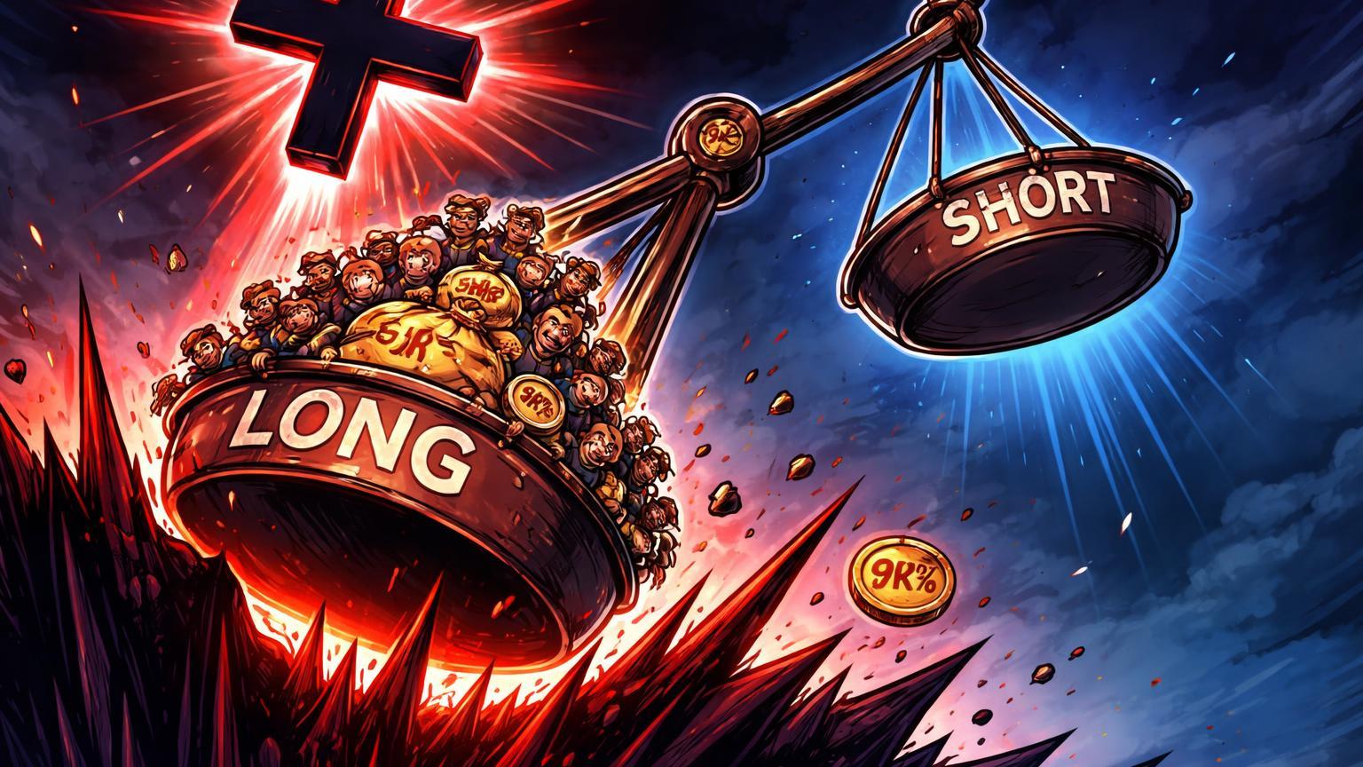 Balança cartoon desequilibrada com lado long afundando sob traders e moedas SHIB, cruz da morte acima, simbolizando caos de liquidações em memecoins