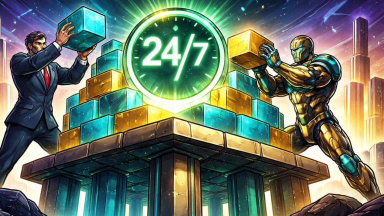 Titãs corporativos cartoon construindo plataforma infinita com relógio 24/7 luminoso, simbolizando infraestrutura cripto imparável de Fidelity e CME