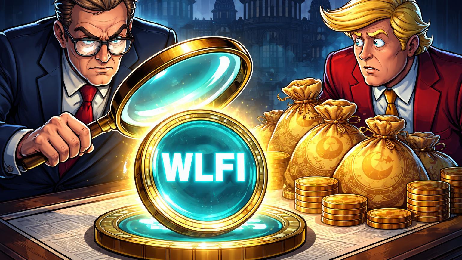 Congressista cartoon com lupa examinando stablecoin WLFI e pilha de ouro árabe, com figura política tensa, ilustrando investigação da Câmara sobre cripto de Trump