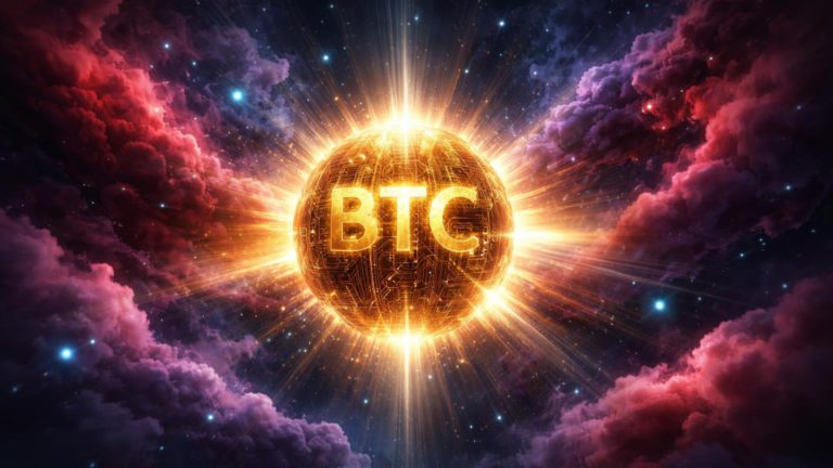 Névoa vermelha de FUD dissipando-se ao redor de núcleo dourado BTC intacto contra partículas quânticas, desmentindo riscos à rede Bitcoin