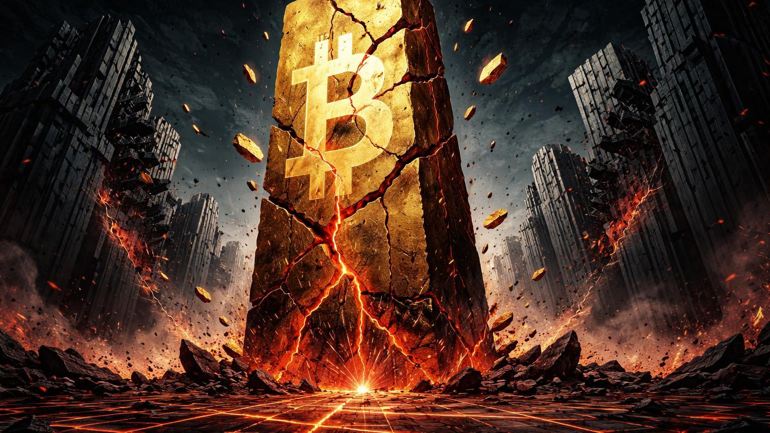 Monolito dourado rachado caindo com torres tech cinzentas, simbolizando falha do Bitcoin como ouro digital em crash sincronizado com NYSE