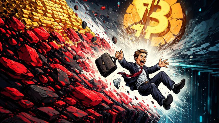 Avalanche vermelha derrubando montanha dourada de ganhos com executivo Gemini cartoon caindo, simbolizando crash do Bitcoin e liquidações bilionárias